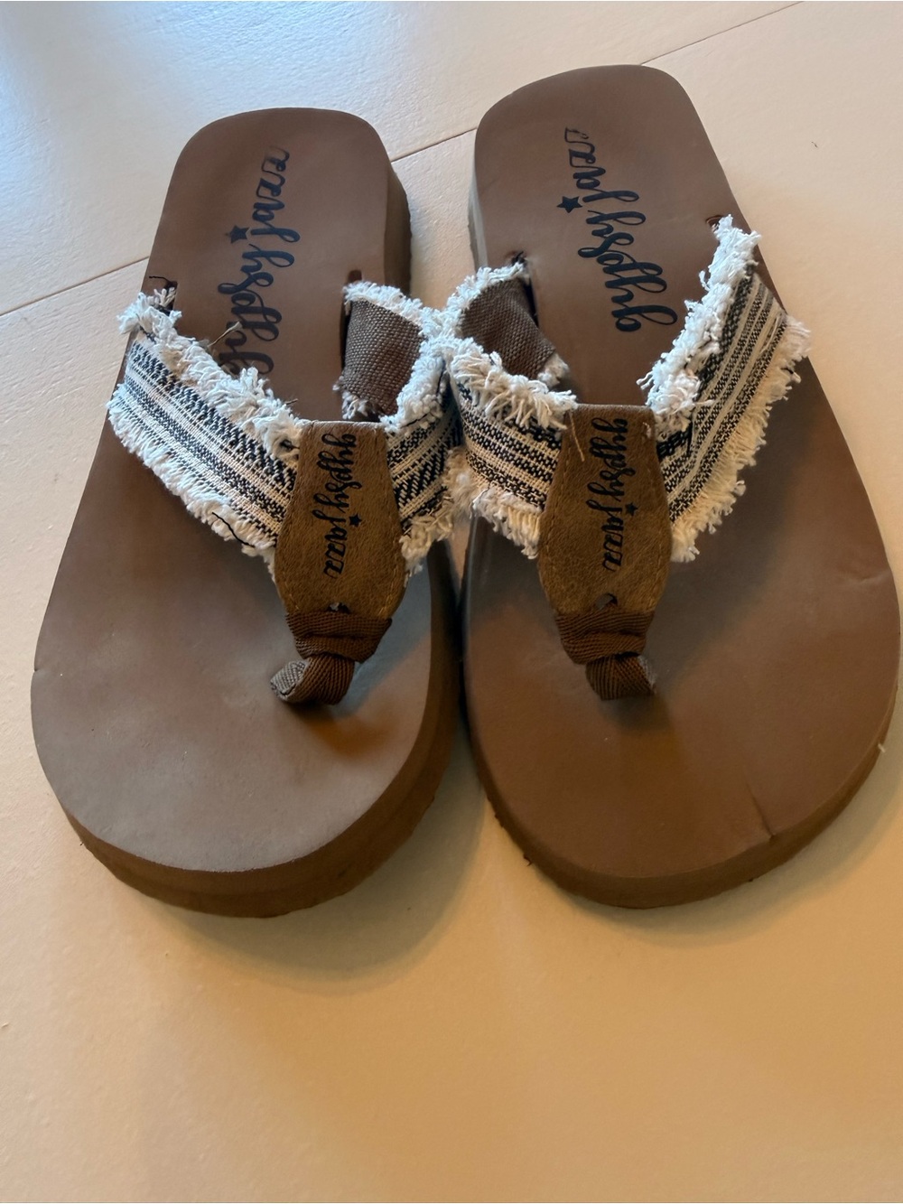 Gypsy Jazz Brown and Cream Frayed Strap Platform Flip Flops